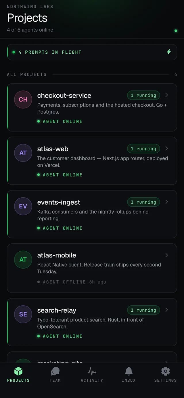 Every project in the organization, each with its agent’s live status