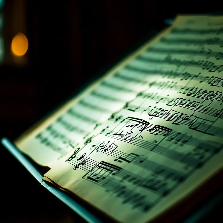 An open orchestral score on a music stand under a single pool of light