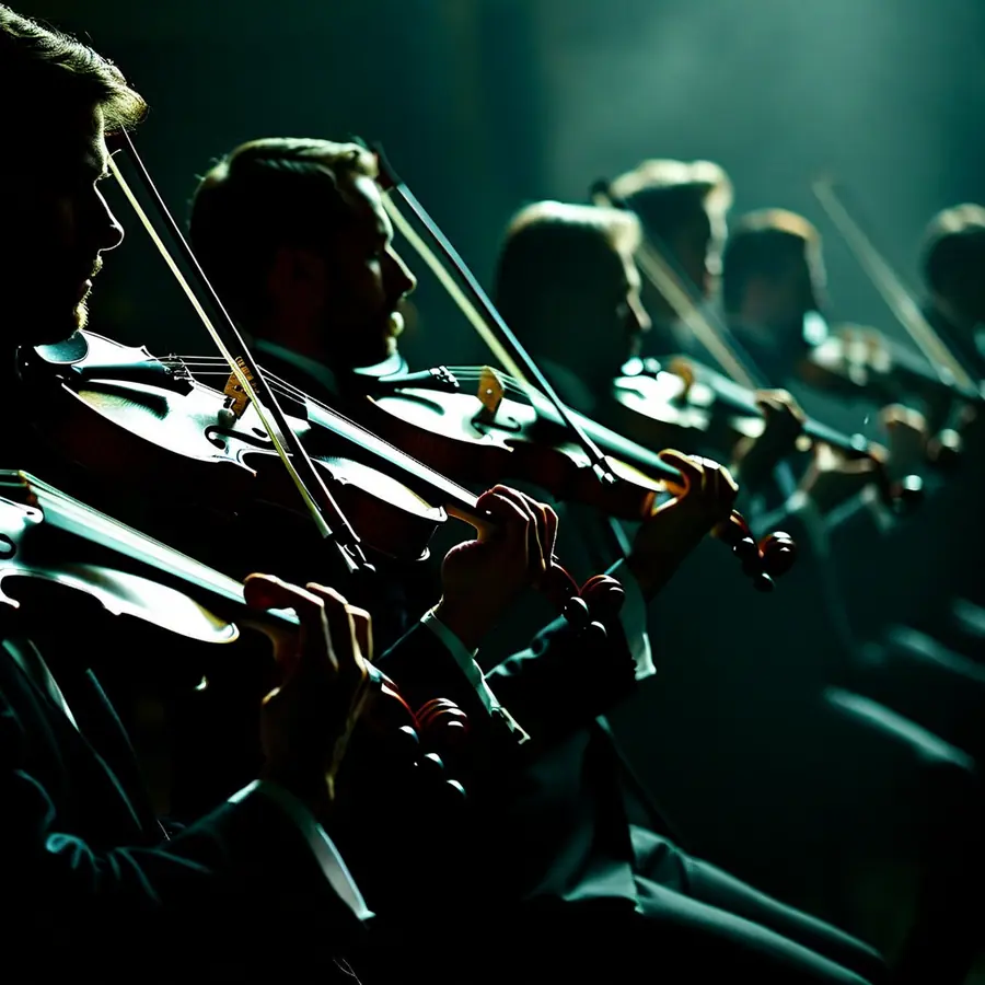 A violin section with bows raised in unison